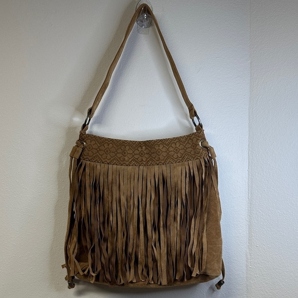 Roxy Handbags - Roxy Faux Suede Tan Fringe Shoulder Boho Bag